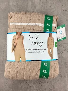 Live 2 Lounge Women's 3-Piece Cable Knit Textured Lounge Set, Tan, Size XL